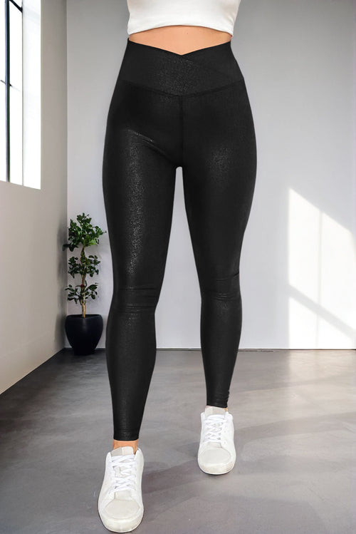 Black Crossed Dip Sleek Leather Leggings