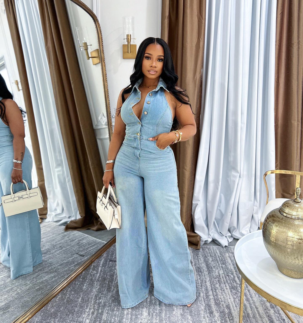 Strapless Sexy Backless Long Denim Jumpsuit for Women