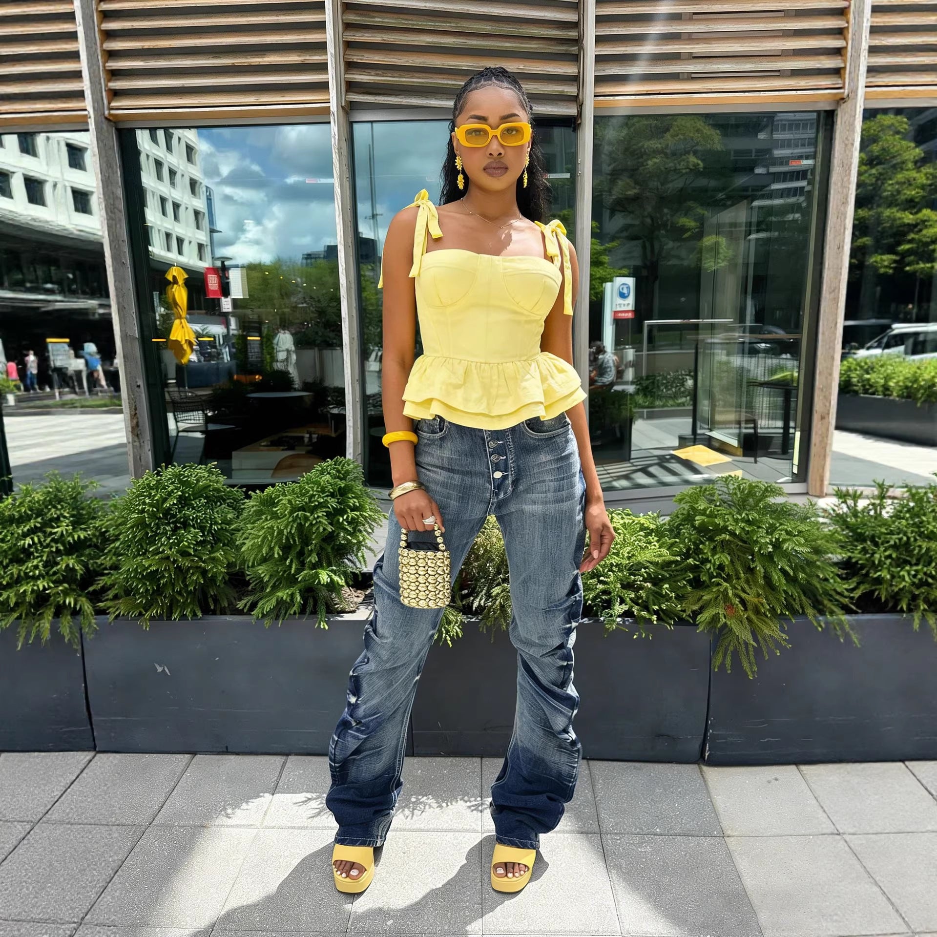 Street Style Pleated Slim Fit Stack Denim Pants