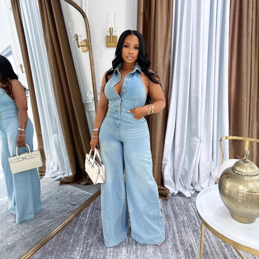 Strapless Sexy Backless Long Denim Jumpsuit for Women