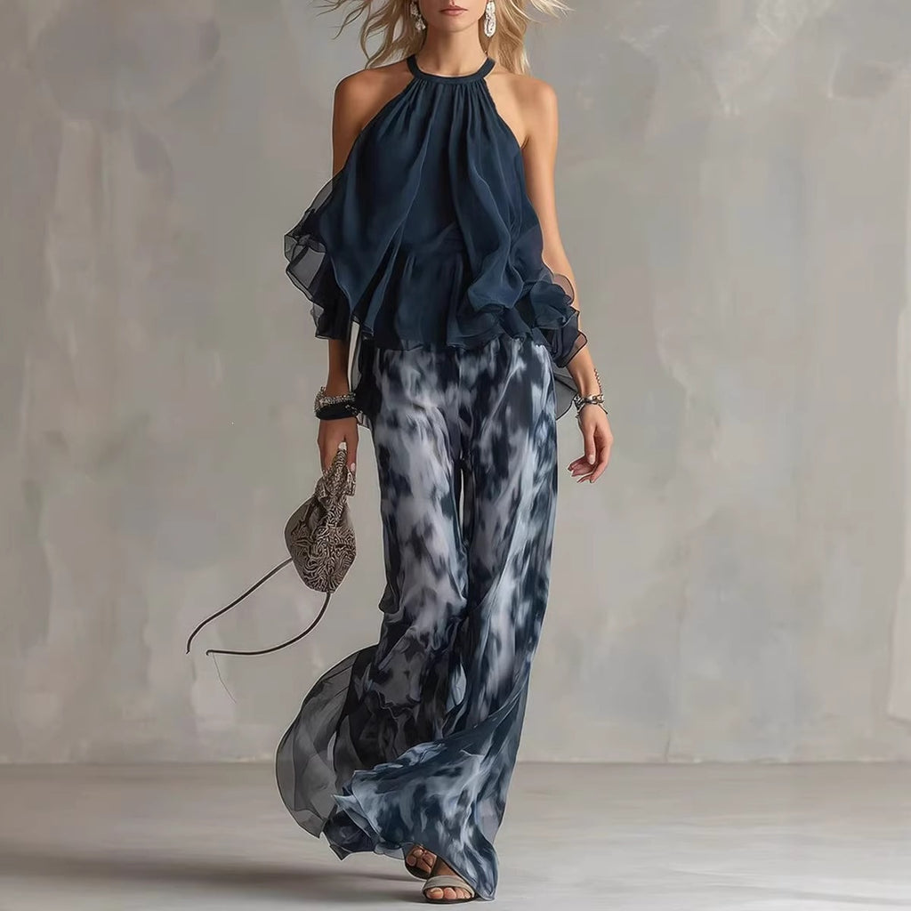 Sleeveless Halter Neck Top with Printed Wide Leg Pants