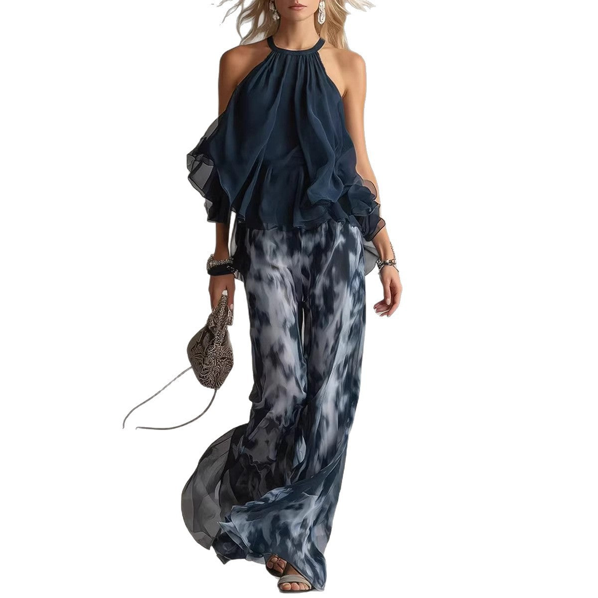 Sleeveless Halter Neck Top with Printed Wide Leg Pants