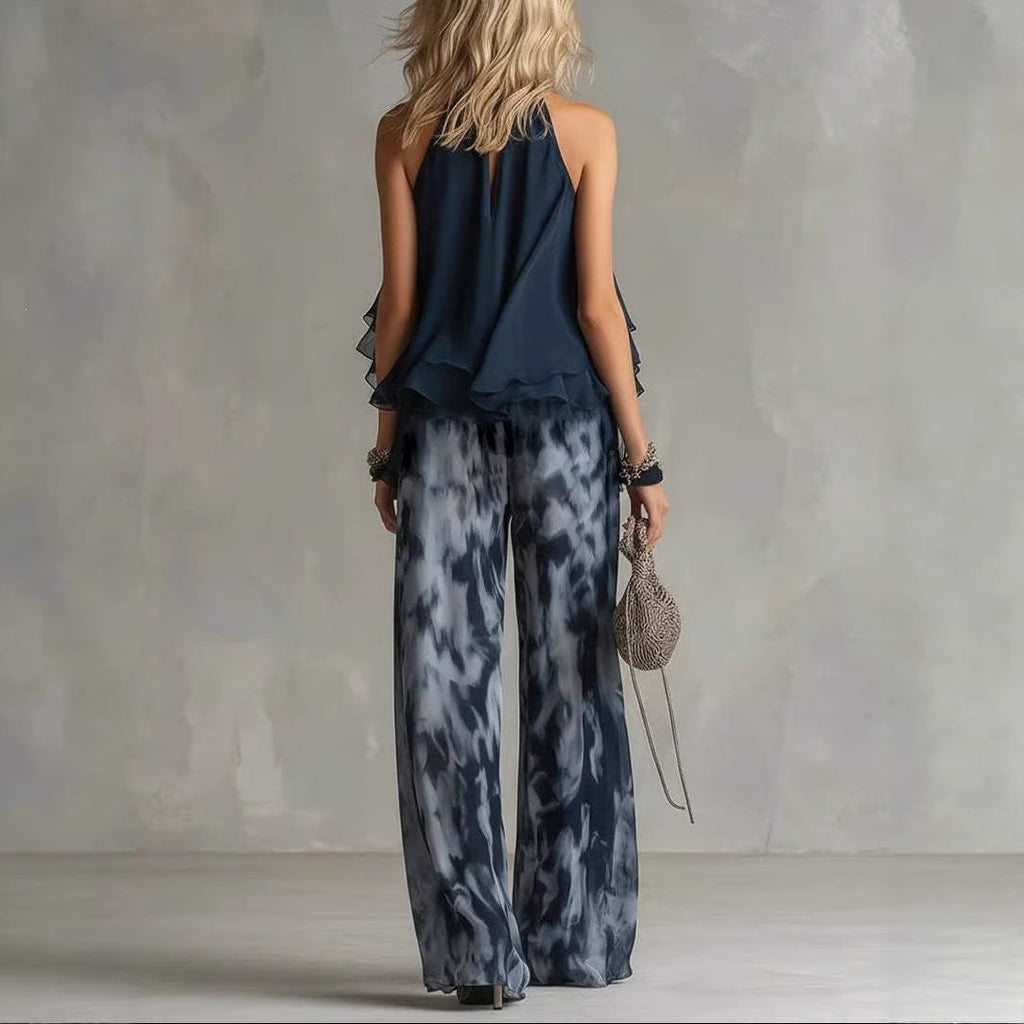 Sleeveless Halter Neck Top with Printed Wide Leg Pants