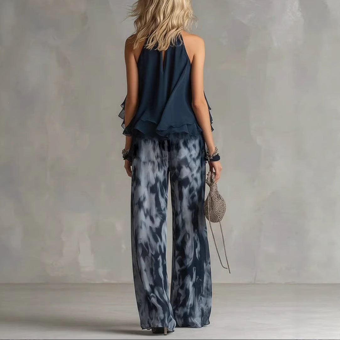 Sleeveless Halter Neck Top with Printed Wide Leg Pants