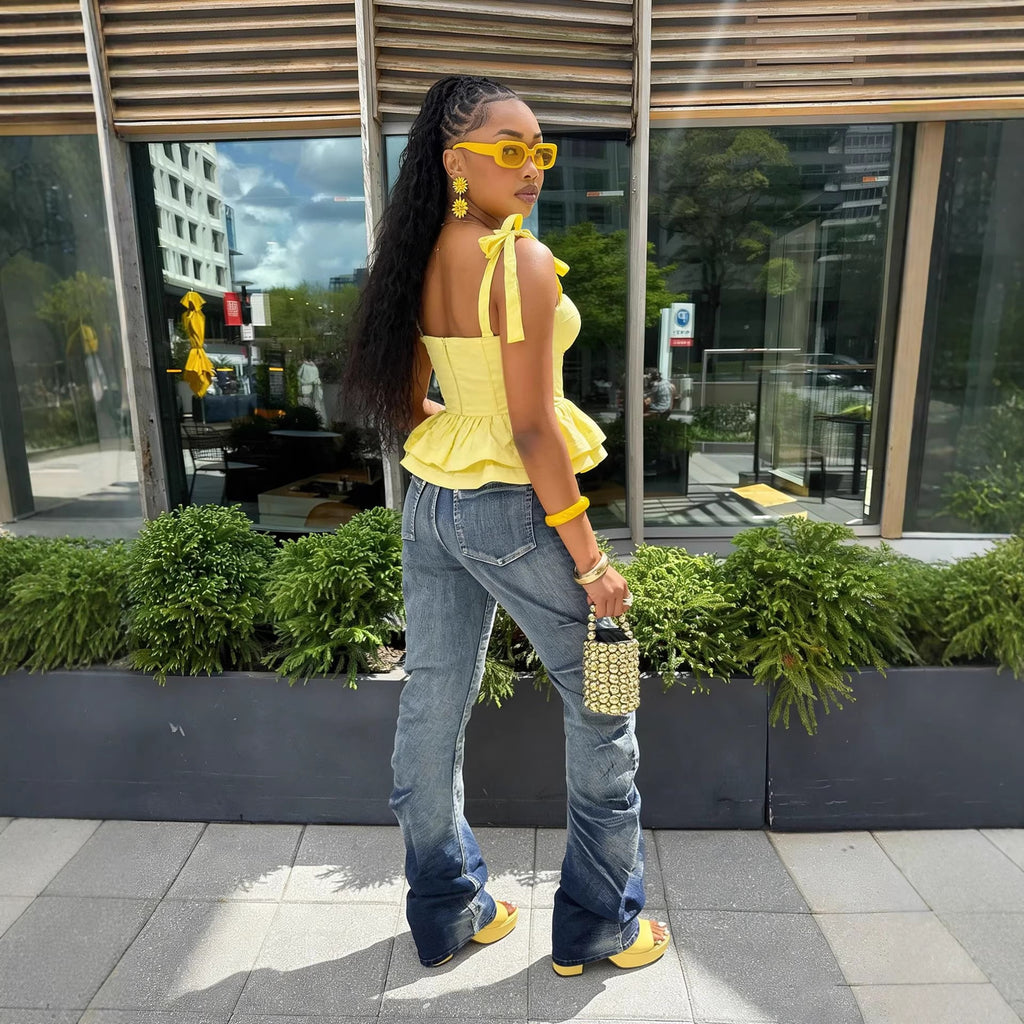 Street Style Pleated Slim Fit Stack Denim Pants
