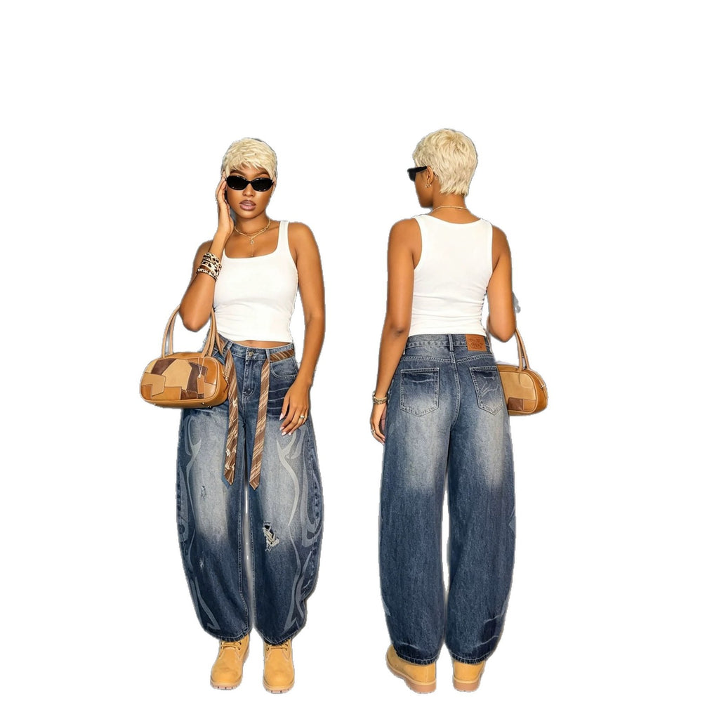 Washed Distressed Knife-Cut Denim Pants with Oversized Silhouette