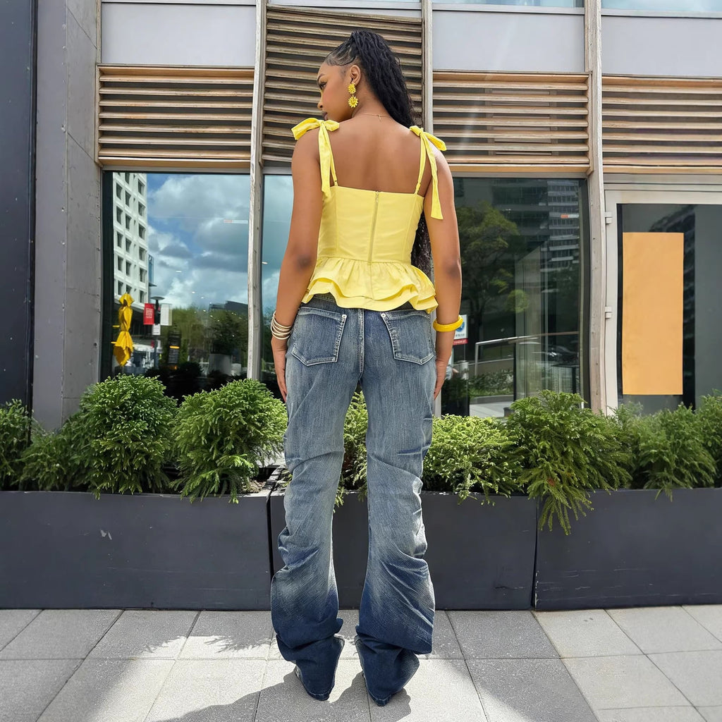 Street Style Pleated Slim Fit Stack Denim Pants