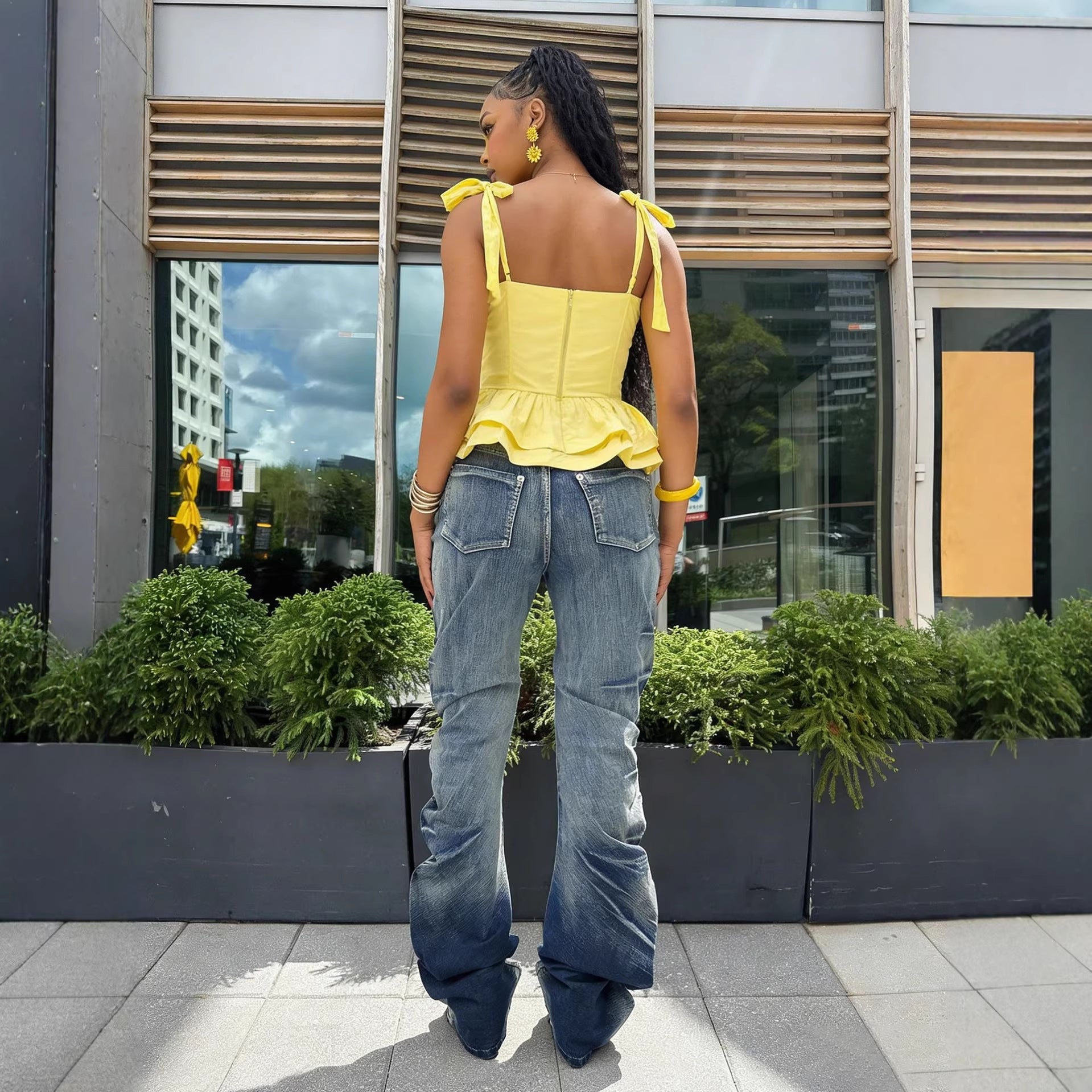 Street Style Pleated Slim Fit Stack Denim Pants