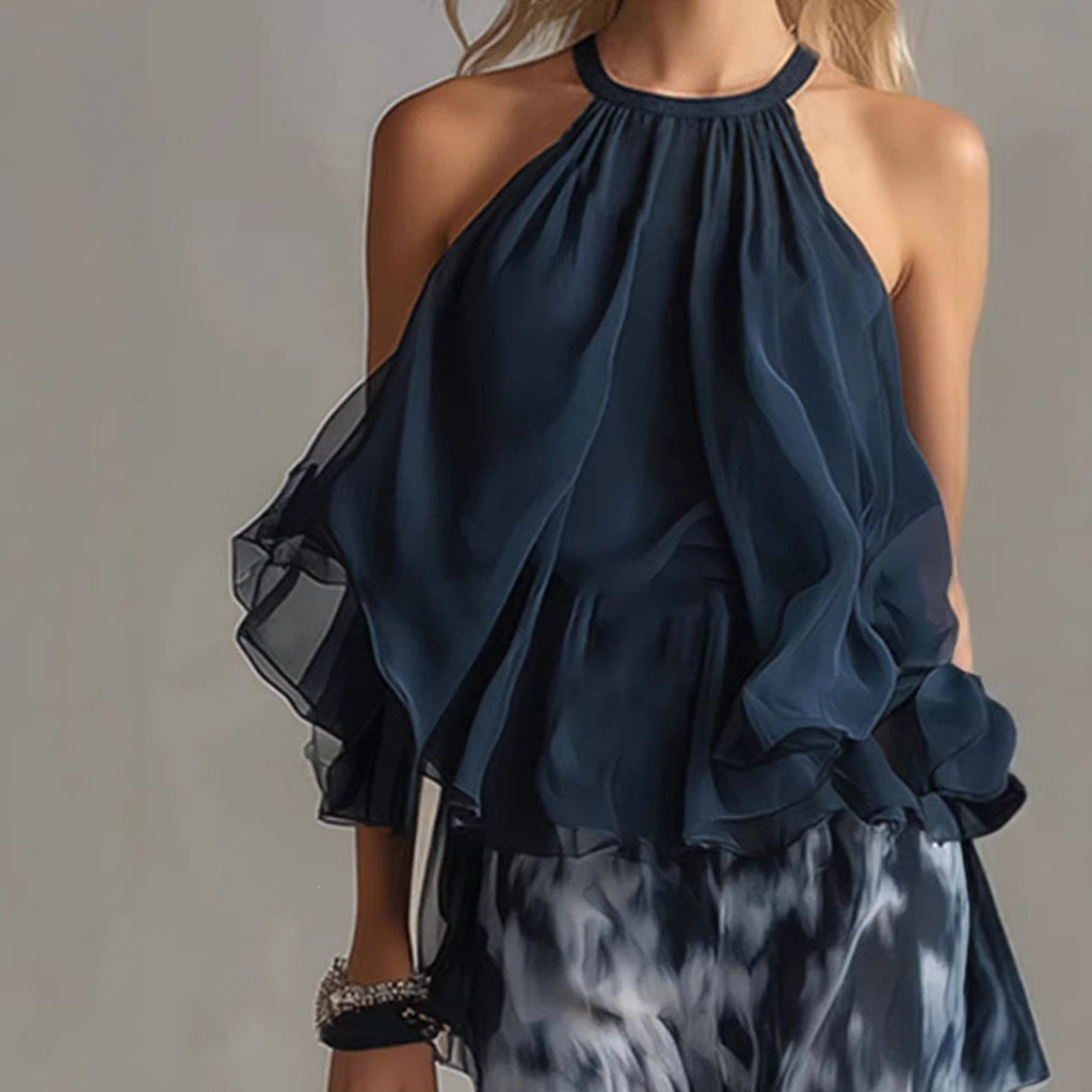 Sleeveless Halter Neck Top with Printed Wide Leg Pants