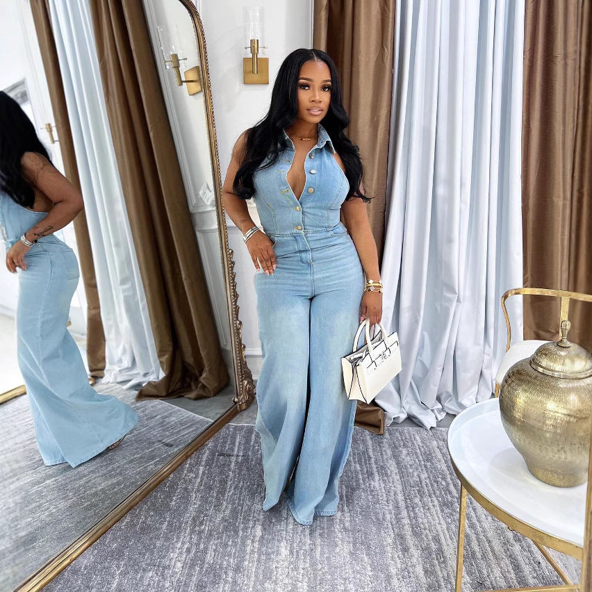 Strapless Sexy Backless Long Denim Jumpsuit for Women