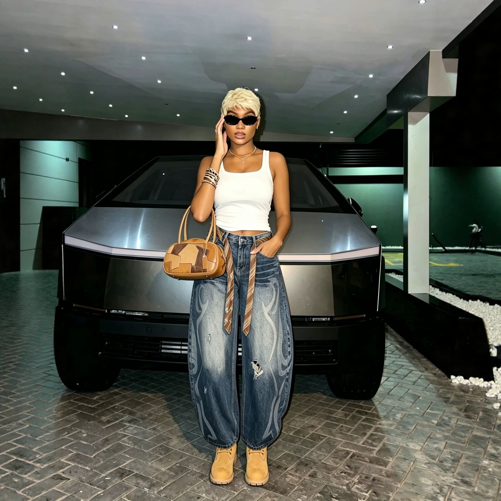 Washed Distressed Knife-Cut Denim Pants with Oversized Silhouette