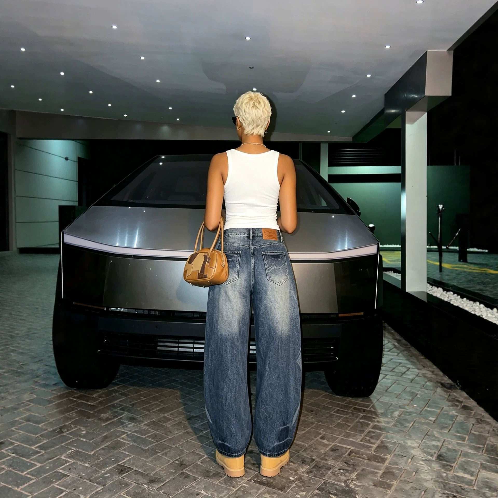 Washed Distressed Knife-Cut Denim Pants with Oversized Silhouette