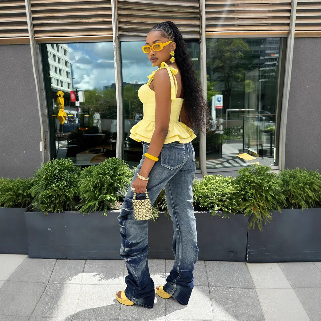 Street Style Pleated Slim Fit Stack Denim Pants